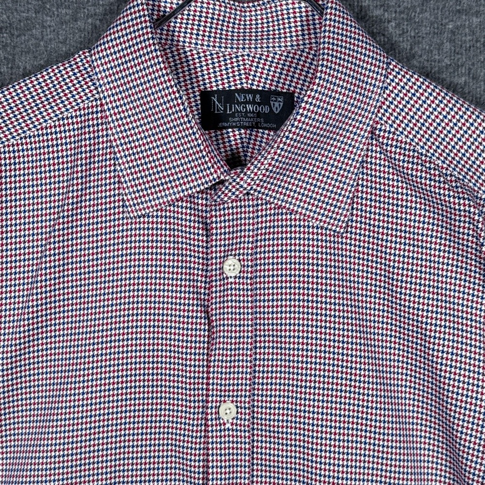 New & Lingwood Dress‎ Shirt Mens 16 Red Blue Houndstooth Tessitura Monti Cotton
